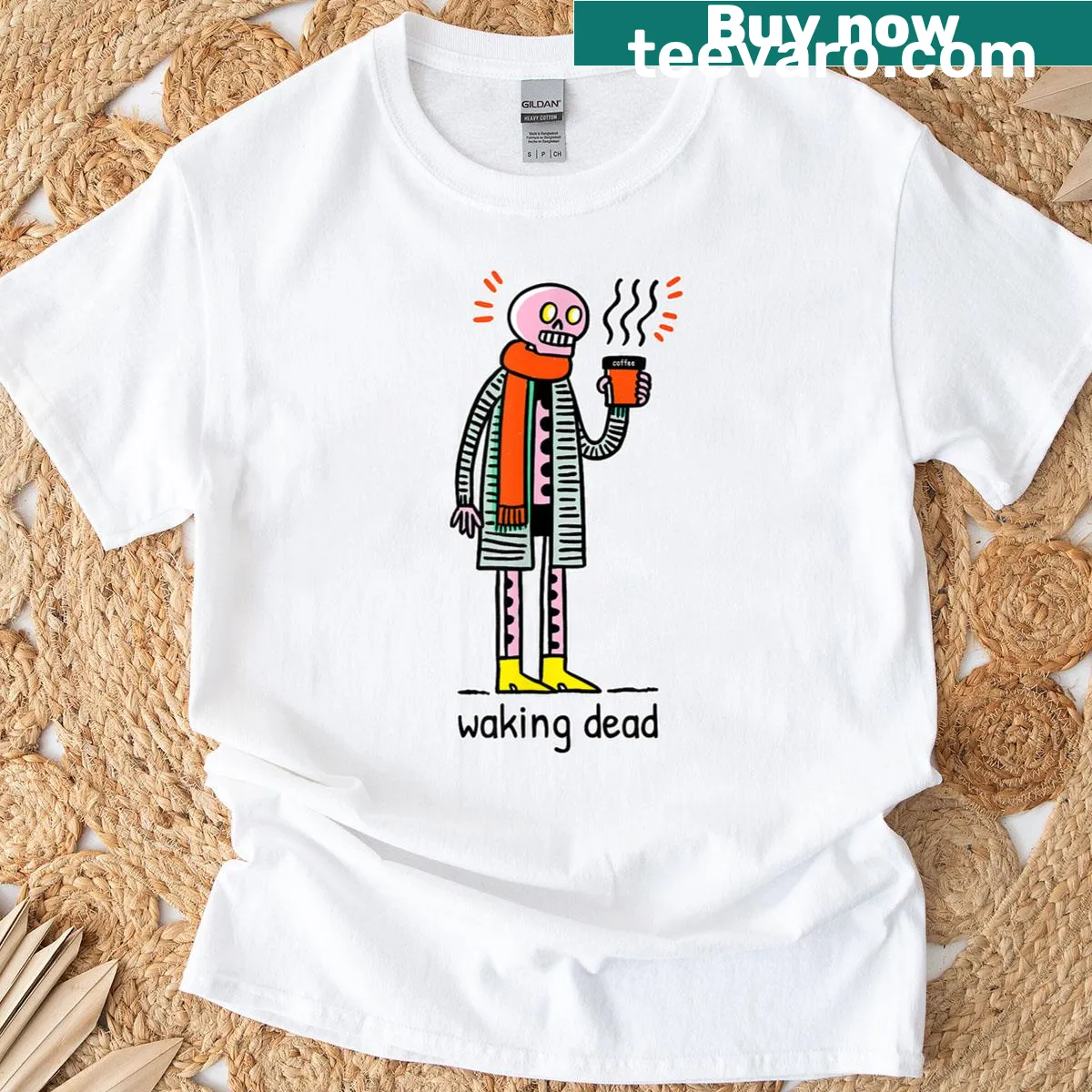 Funny tee with a cartoon skeleton enjoying coffee, themed for morning humor — on a men's t-shirt