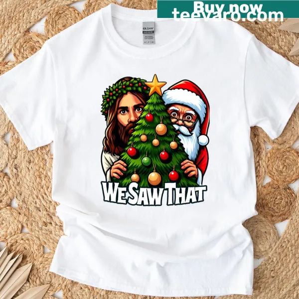 Christmas-themed t-shirt featuring Jesus, Santa, and a tree design.