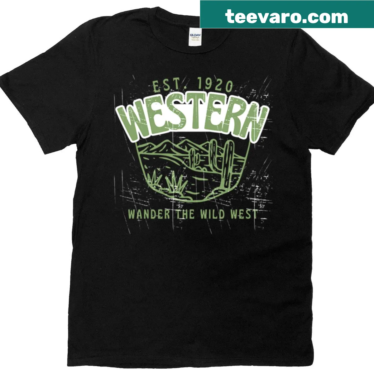 Vintage cowboy adventure graphic T-shirt — on a men's t-shirt