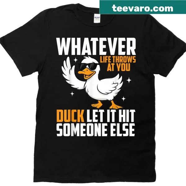 Whimsical duck graphic with a humorous saying on a t-shirt.