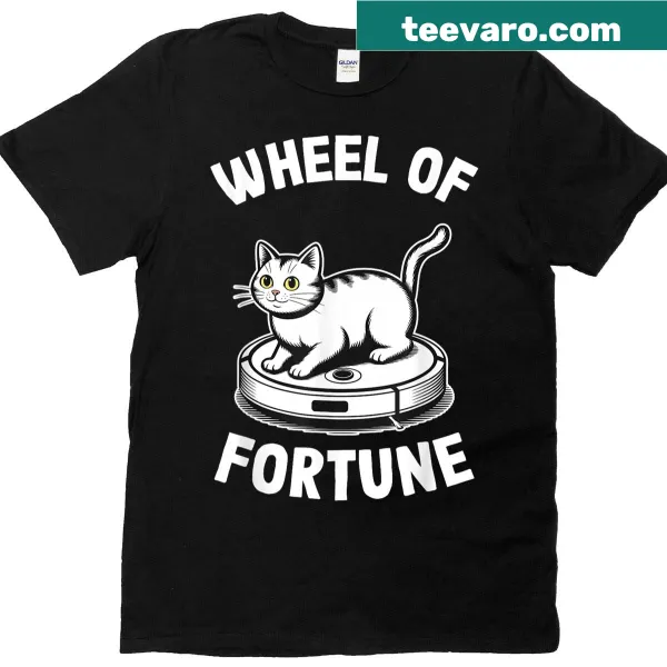 Funny cat t-shirt with robot vacuum cleaner and game show theme.