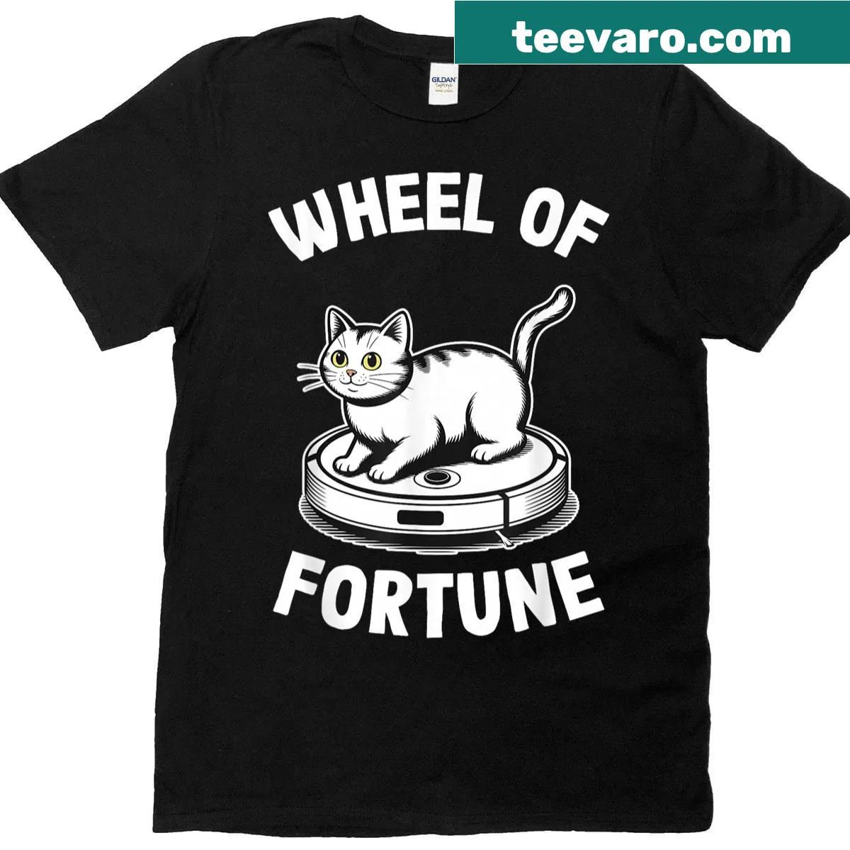 Funny cat t-shirt with robot vacuum cleaner and game show theme. — on a men's t-shirt