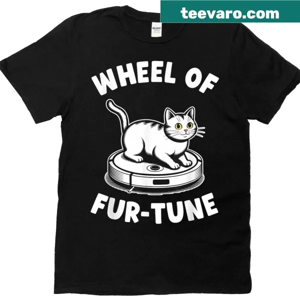 Funny cat t-shirt with a pun and robot vacuum cleaner graphic.