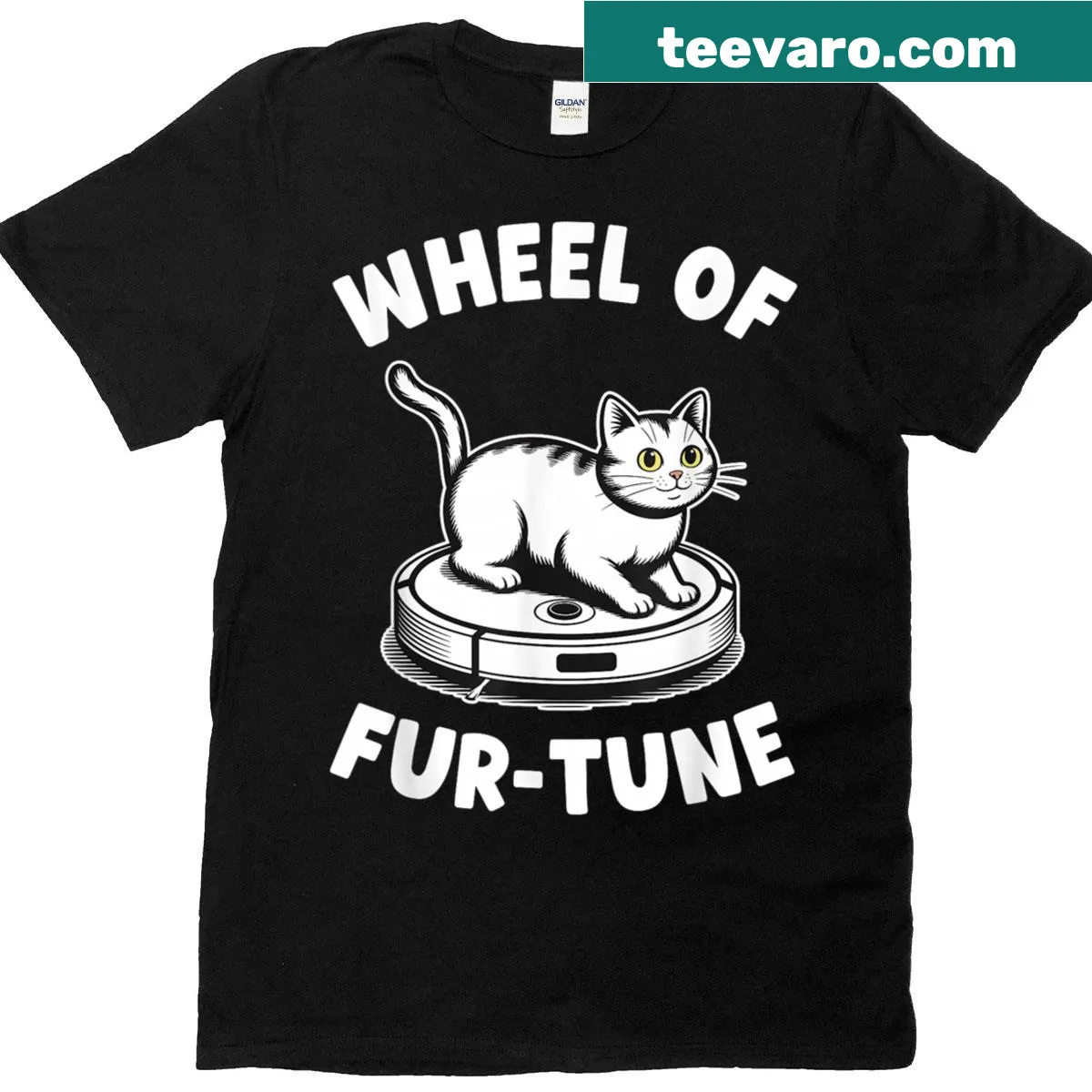 Funny cat t-shirt with a pun and robot vacuum cleaner graphic. — on a men's t-shirt