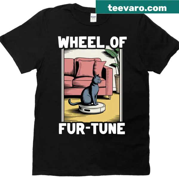 Cartoon cat on robot vacuum cleaner graphic t-shirt.