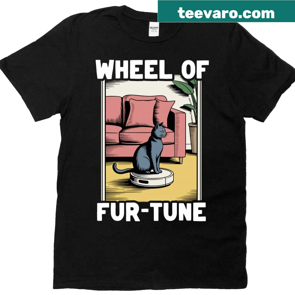 Cartoon cat on robot vacuum cleaner graphic t-shirt. — on a men's t-shirt