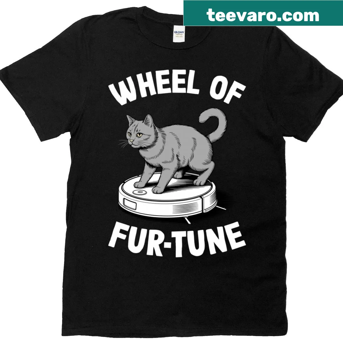 Funny cat t-shirt featuring a robot vacuum cleaner and playful design — on a men's t-shirt