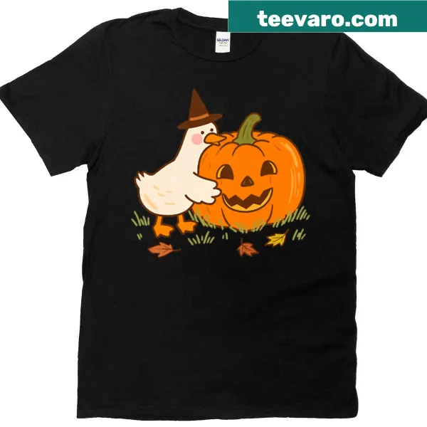 Whimsical illustration of a duck hugging a pumpkin for a Halloween-themed t-shirt.