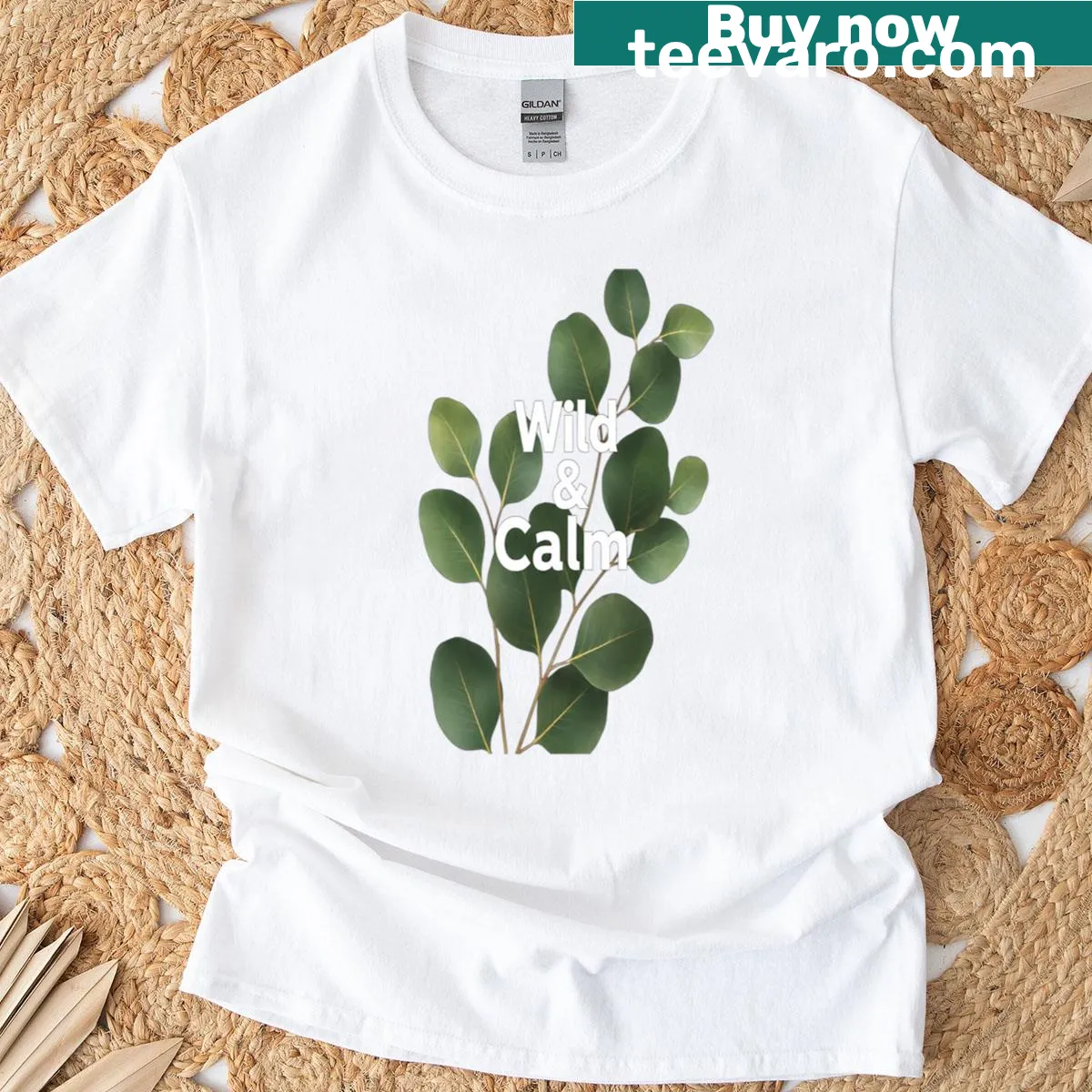 Typography T-shirt featuring the words 'Wild And Calm' — on a men's t-shirt