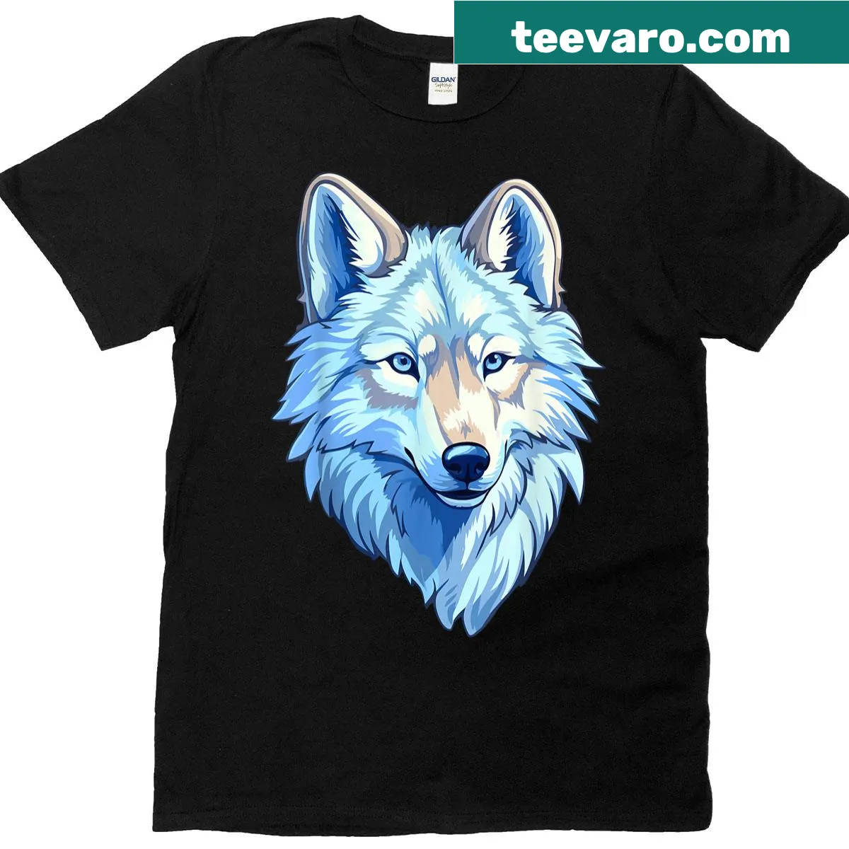 Illustration of a blue wolf head on a T-shirt — on a men's t-shirt
