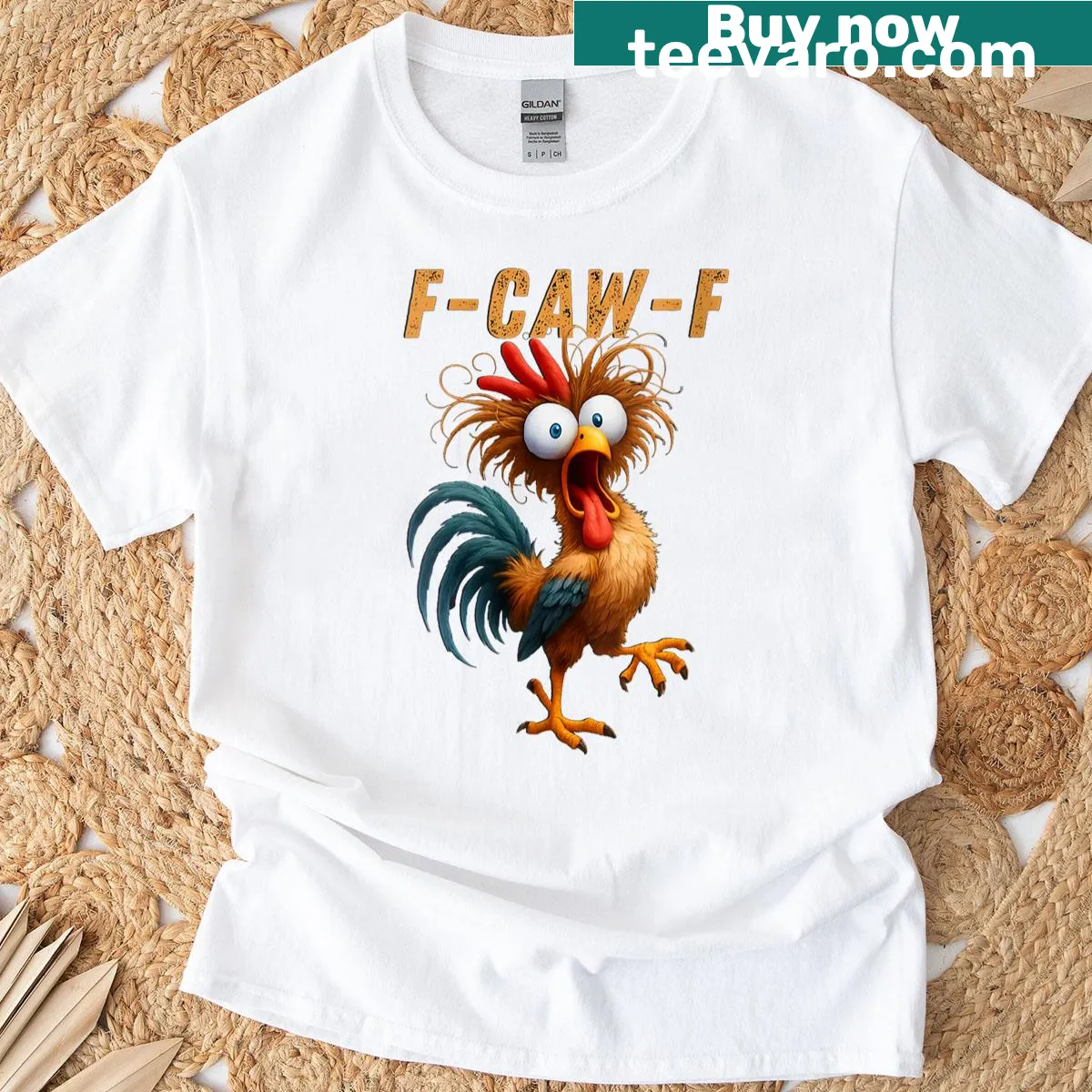 Funny women's chicken t-shirt with humorous F-caw-f typography — on a men's t-shirt