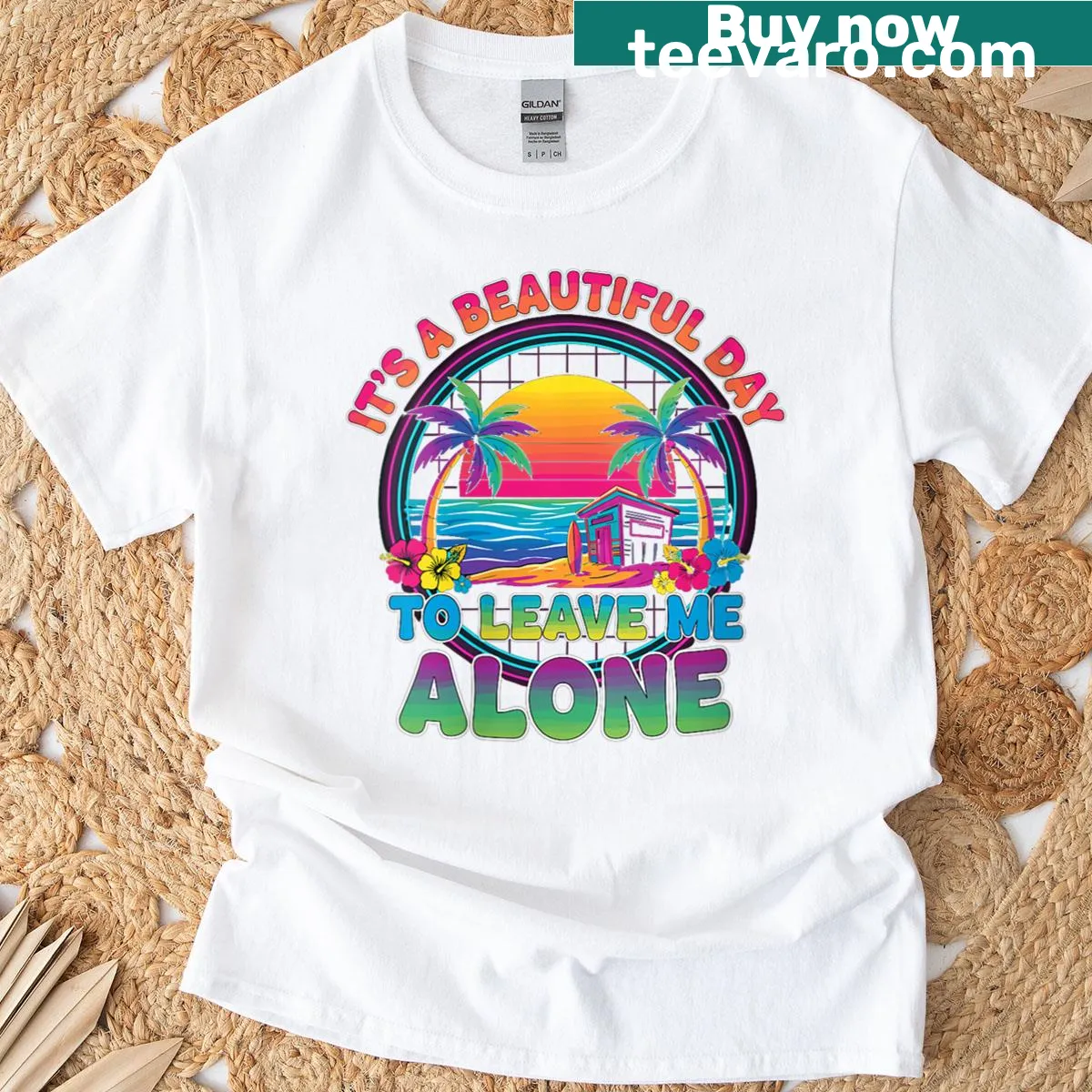 Funny summer tee with palm graphics and 'Leave Me Alone' text for beach trips — on a men's t-shirt