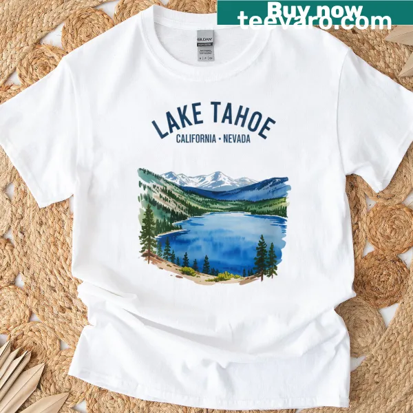 Vintage watercolor Lake Tahoe t-shirt featuring scenic landscape design