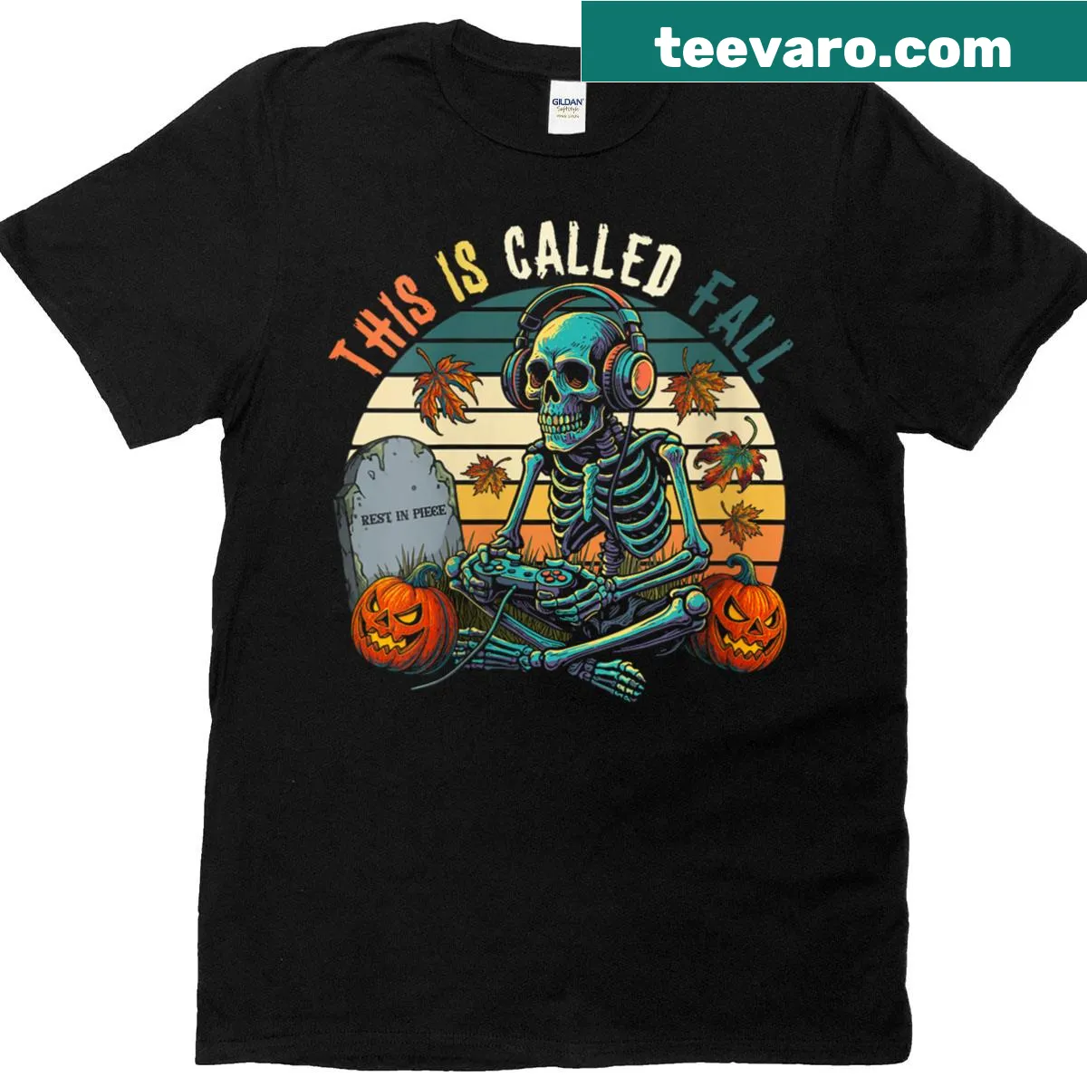Retro gamer skeleton design in a Halloween theme on a t-shirt — on a men's t-shirt
