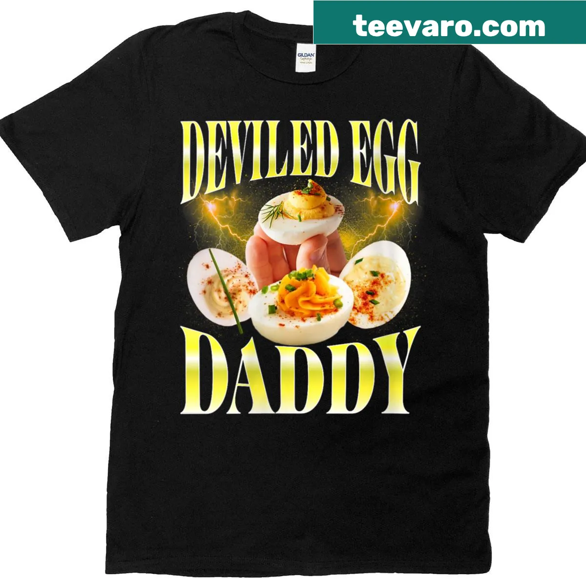 Retro Thanksgiving t-shirt with humorous deviled egg graphic — on a men's t-shirt