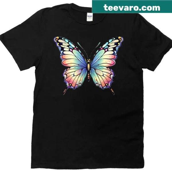 Cute T-shirt featuring whimsical rainbow butterflies design