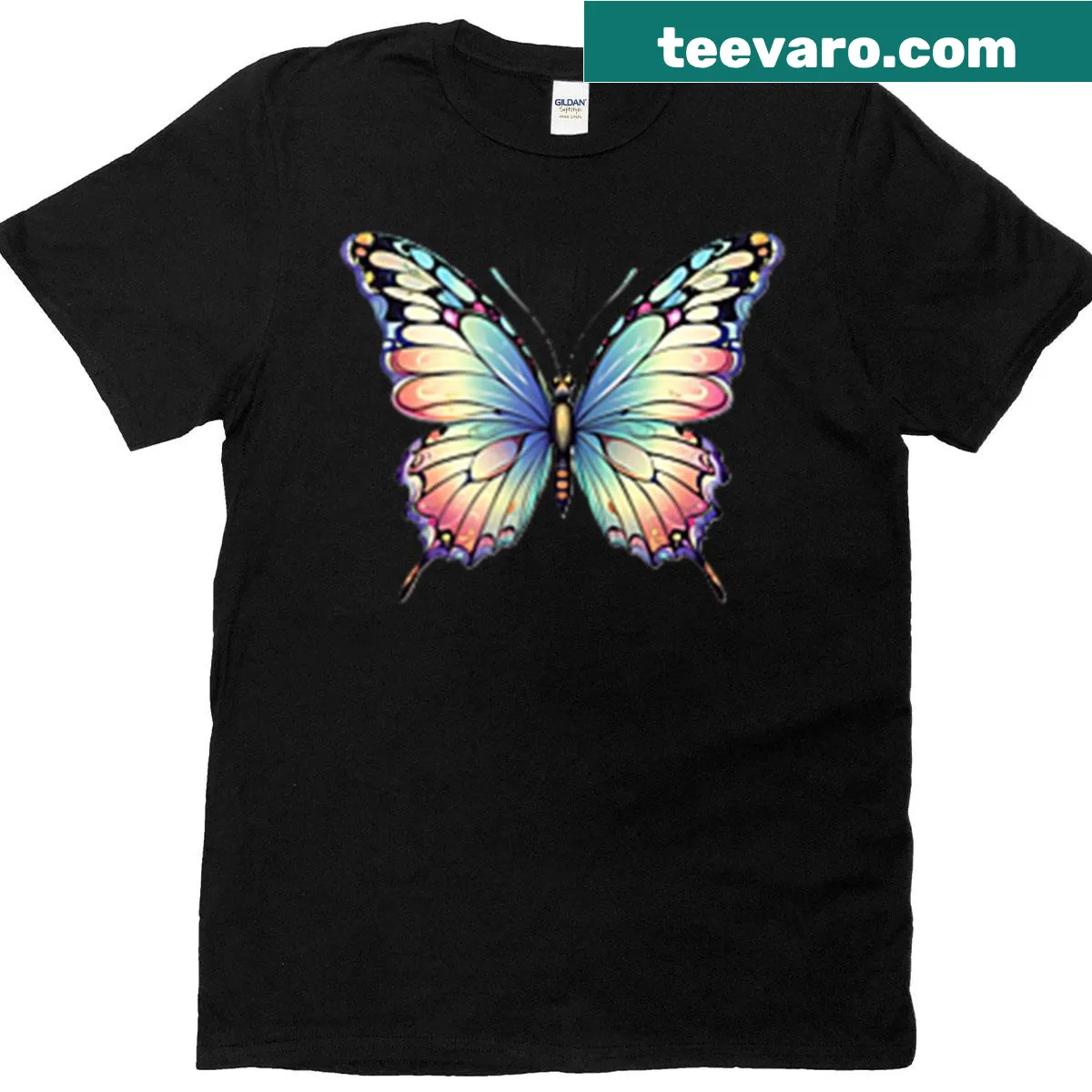 Cute T-shirt featuring whimsical rainbow butterflies design — on a men's t-shirt