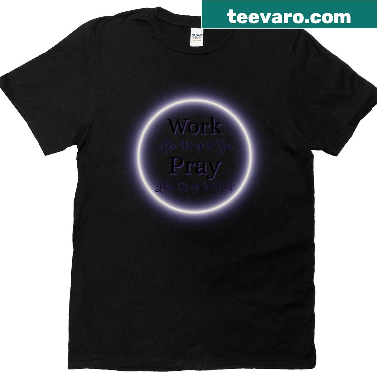 T-shirt with the phrase 'Work And Pray' in a clean font — on a men's t-shirt