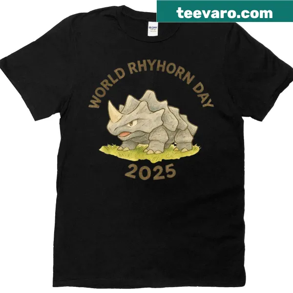 Illustrative T-shirt celebrating World Rhyhorn Day with a Pokémon theme