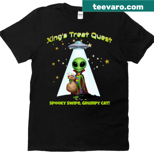 Playful alien heist graphic on Halloween T-shirt