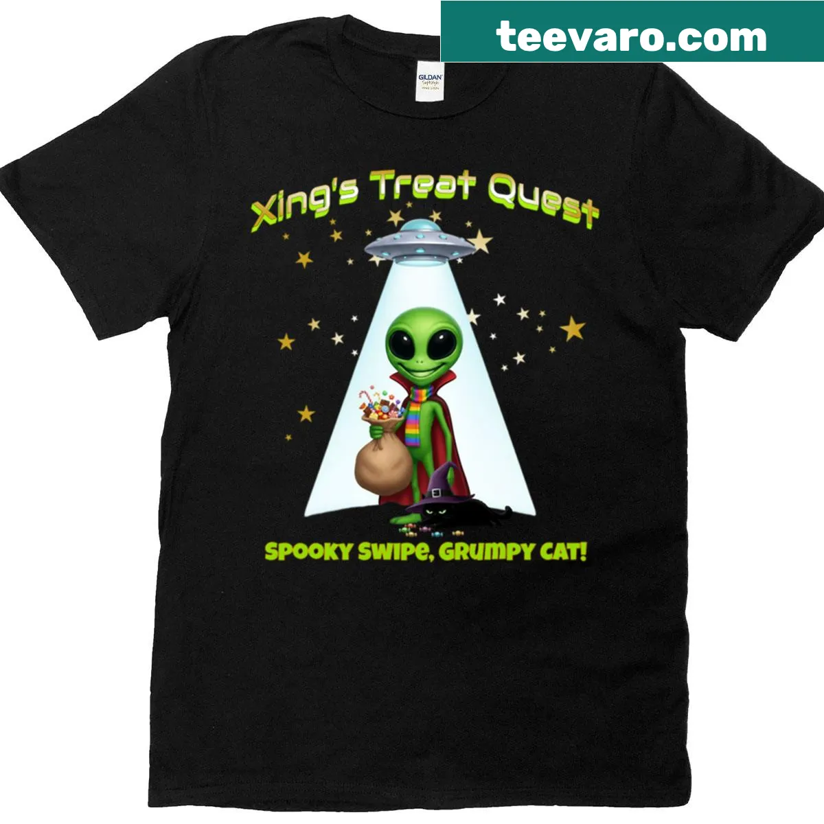 Playful alien heist graphic on Halloween T-shirt — on a men's t-shirt