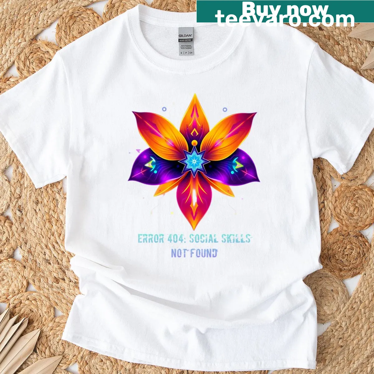 Neon floral design with yellow and purple lilies and computer quote — on a men's t-shirt