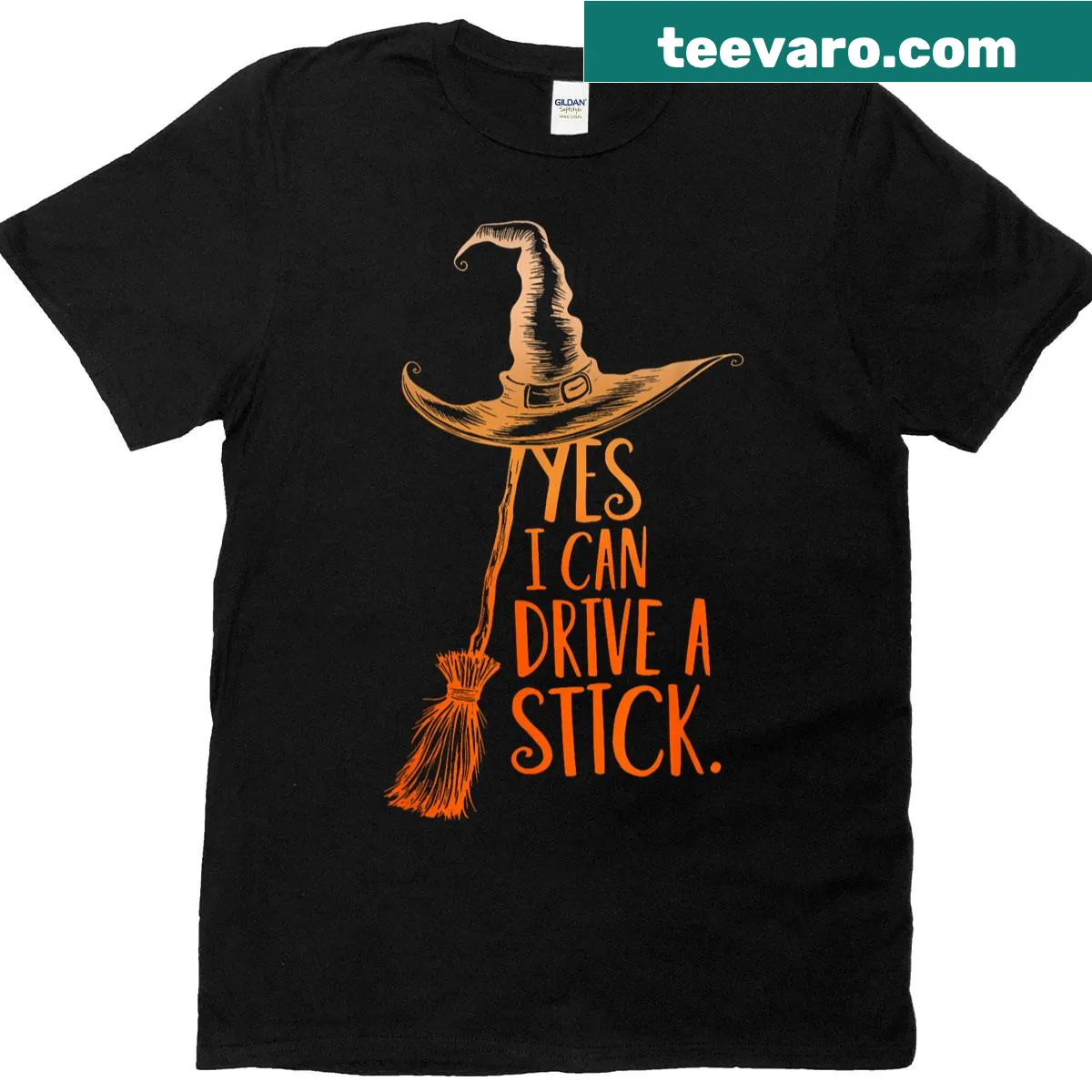 Funny Halloween shirt saying 'Yes I Can Drive A Stick' — on a men's t-shirt