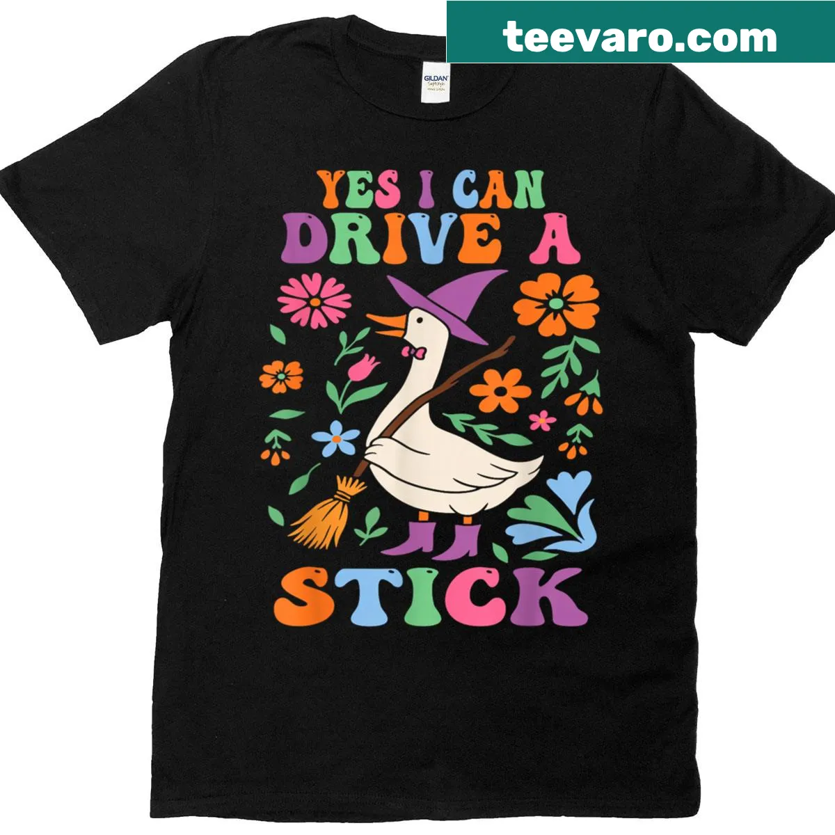 Funny Halloween t-shirt featuring a witch, goose, and floral design — on a men's t-shirt