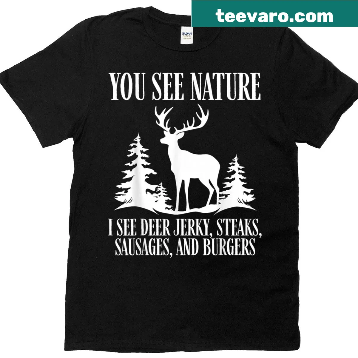 Humorous hunting T-shirt with bold text about deer jerky — on a men's t-shirt