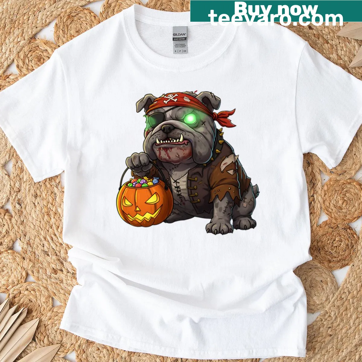 Halloween t-shirt with a zombie pirate bulldog and pumpkins. — on a men's t-shirt