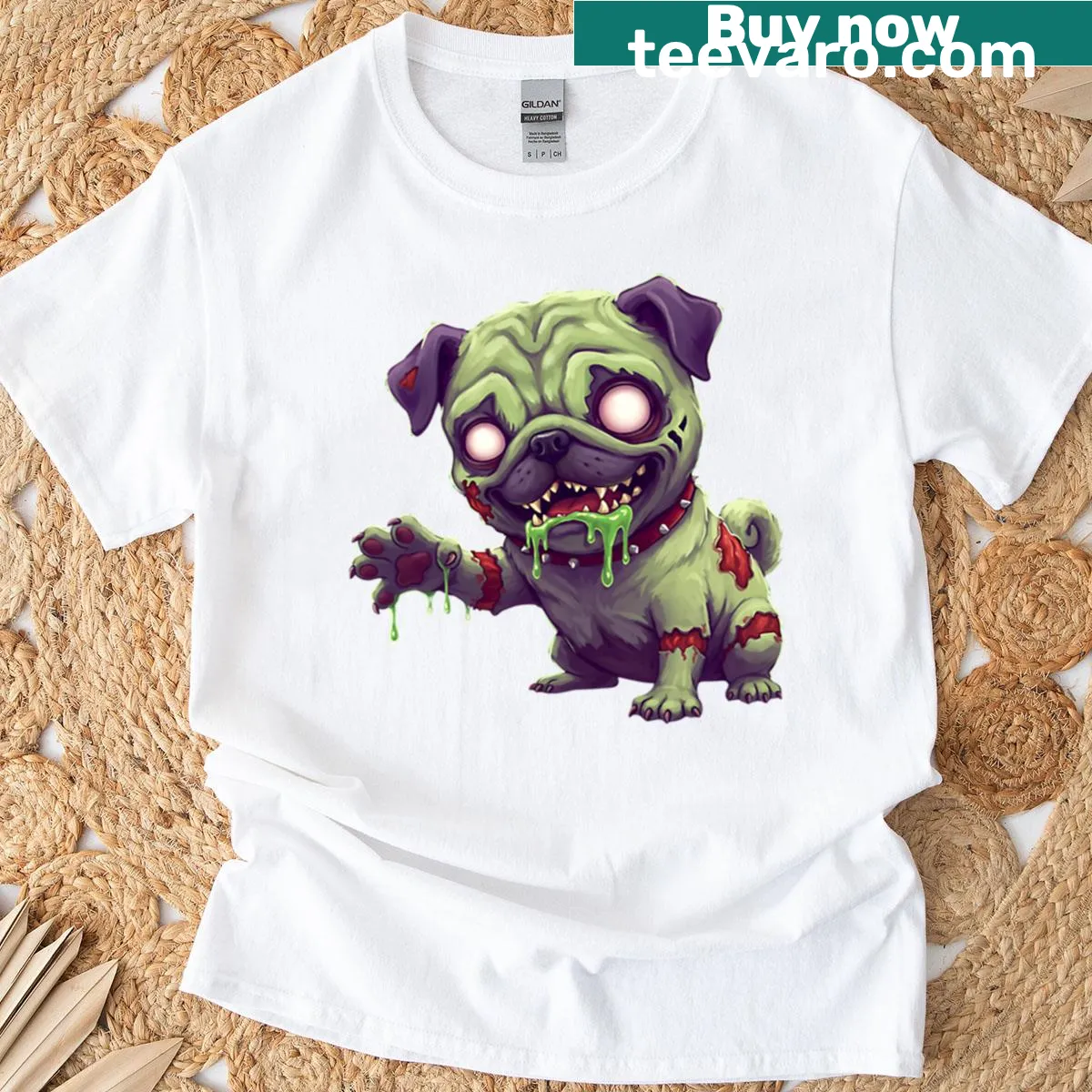 Cute zombie pug graphic T-shirt for Halloween — on a men's t-shirt