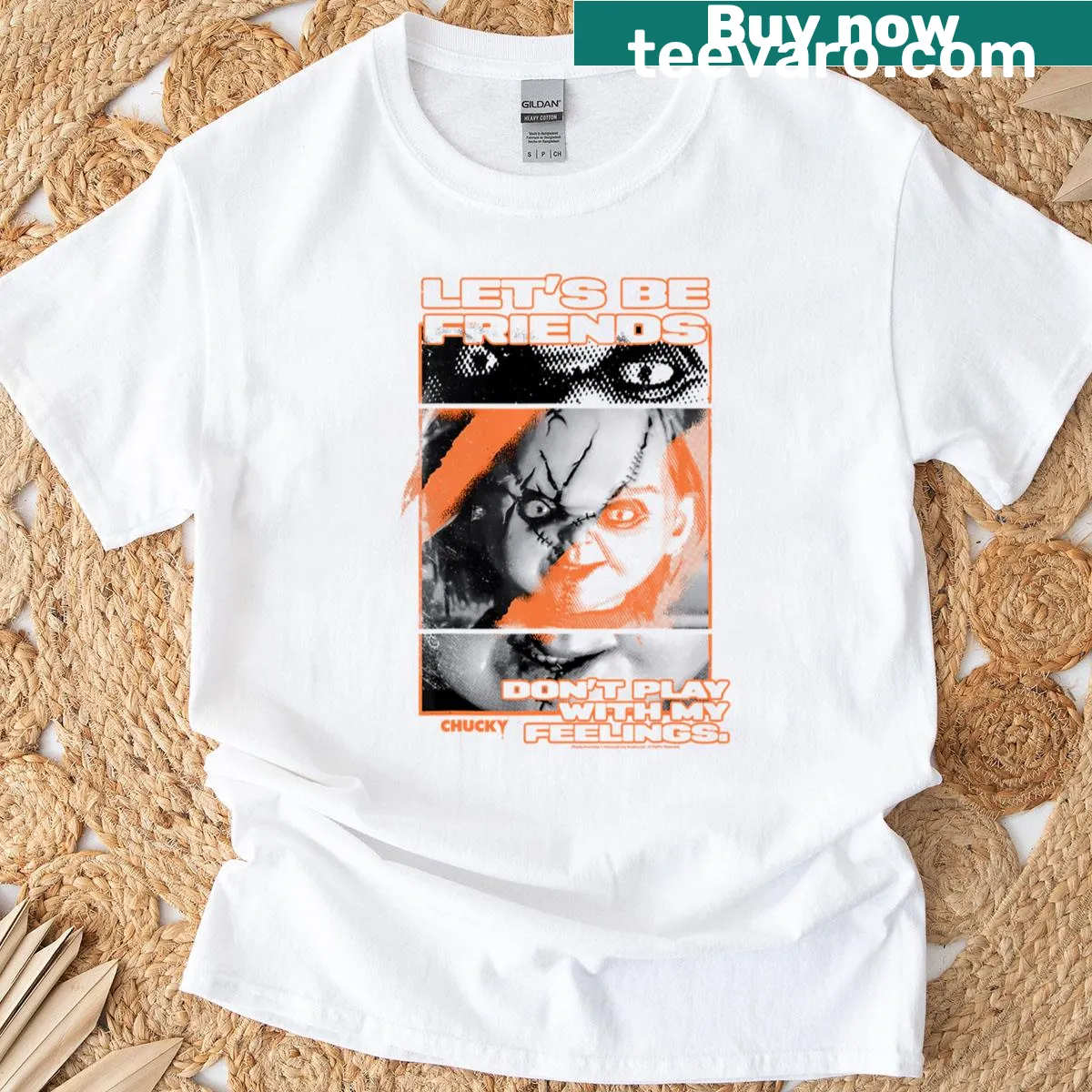 Retro T-shirt featuring a funny doll graphic inspired by 90s horror movies — on a men's t-shirt