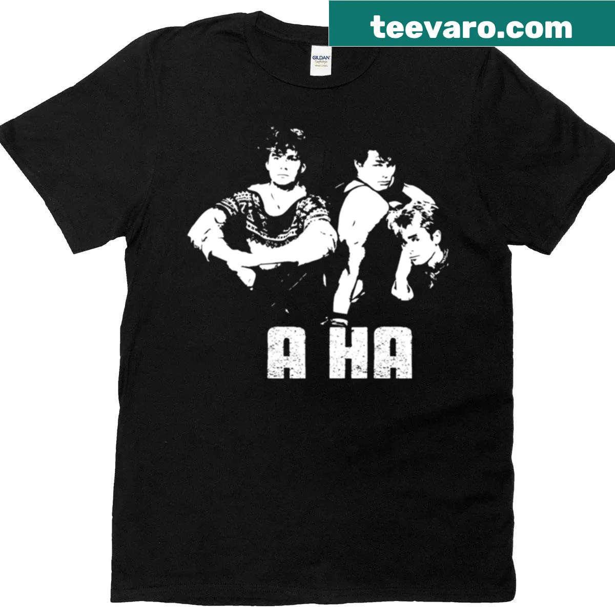 Illustrative A-ha band T-shirt featuring artistic design. — on a men's t-shirt