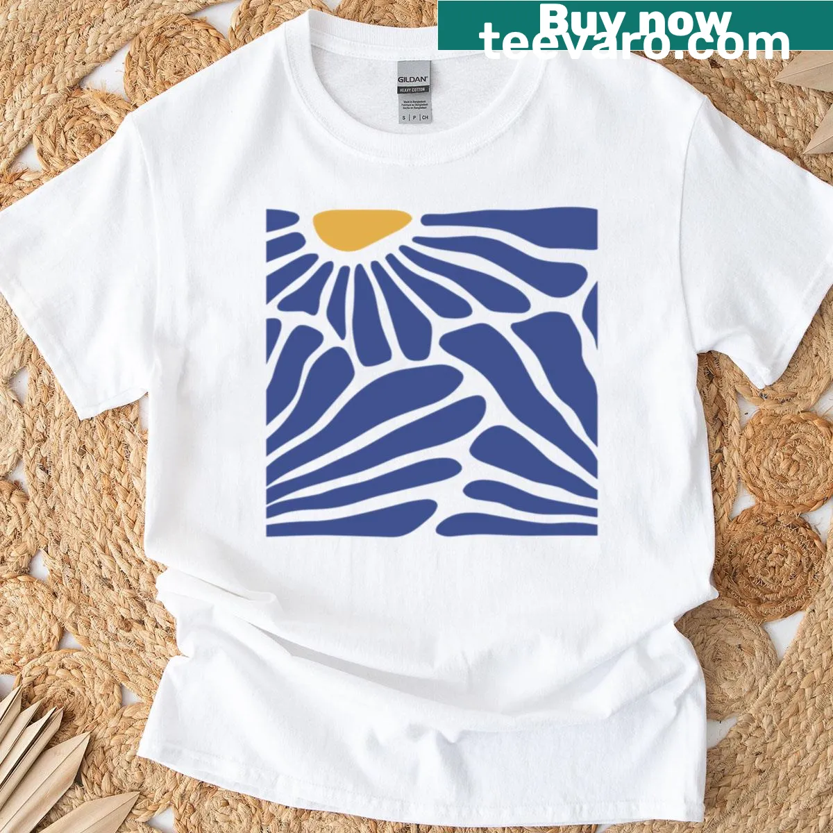 T-shirt featuring an abstract sunburst wave design — on a men's t-shirt