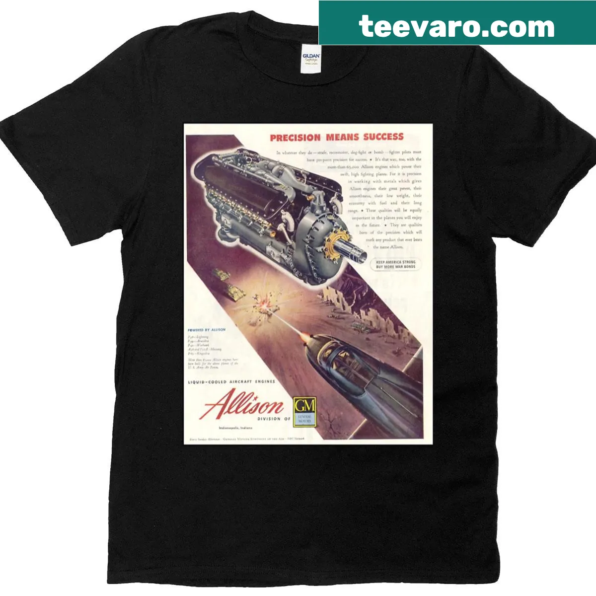 T-shirt featuring Allison Motors and WWII fighter planes — on a men's t-shirt