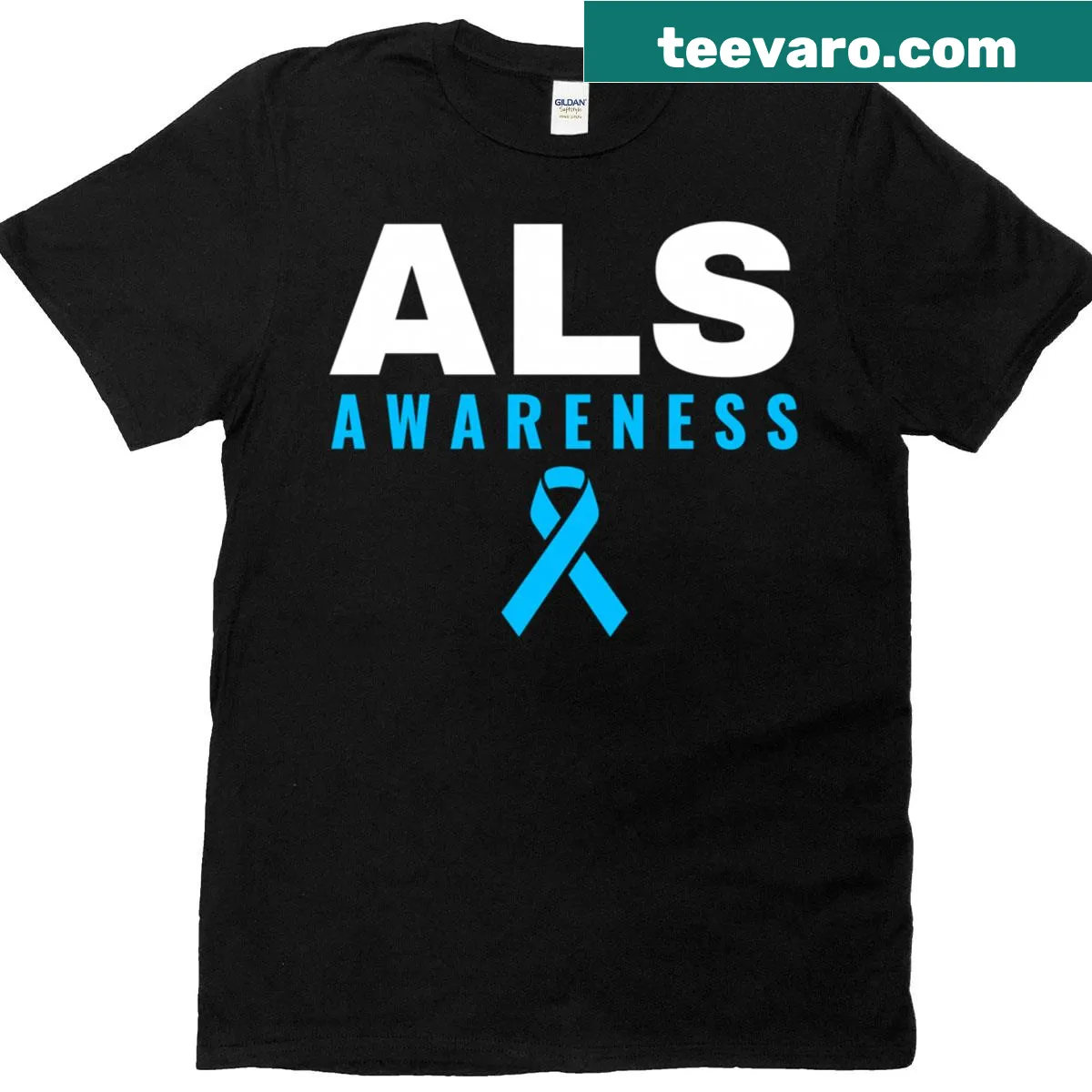 T-shirt featuring a blue ribbon emblem for ALS awareness — on a men's t-shirt