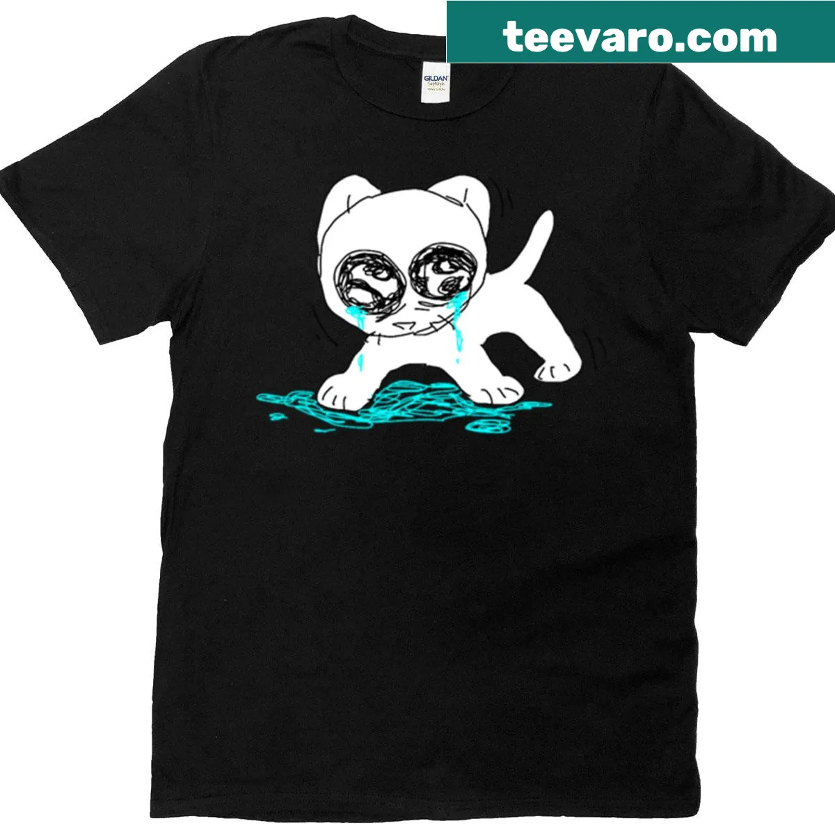 Illustrated shirt featuring a cute anxious creature named Mittens — on a men's t-shirt