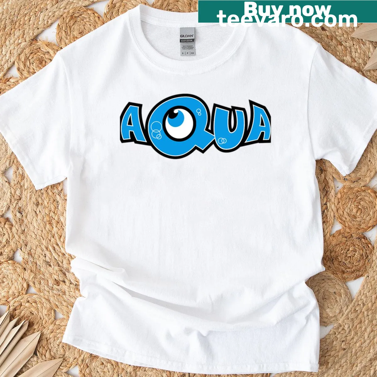 Illustrated Aqua Band t-shirt featuring a fun band logo — on a men's t-shirt