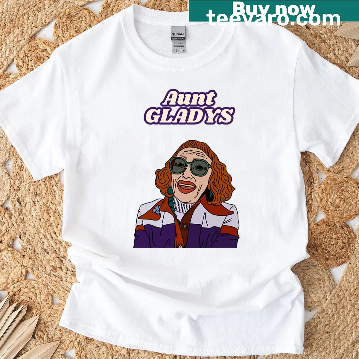 Artistic T-shirt featuring Aunt Gladys portrait character illustration — on a men's t-shirt