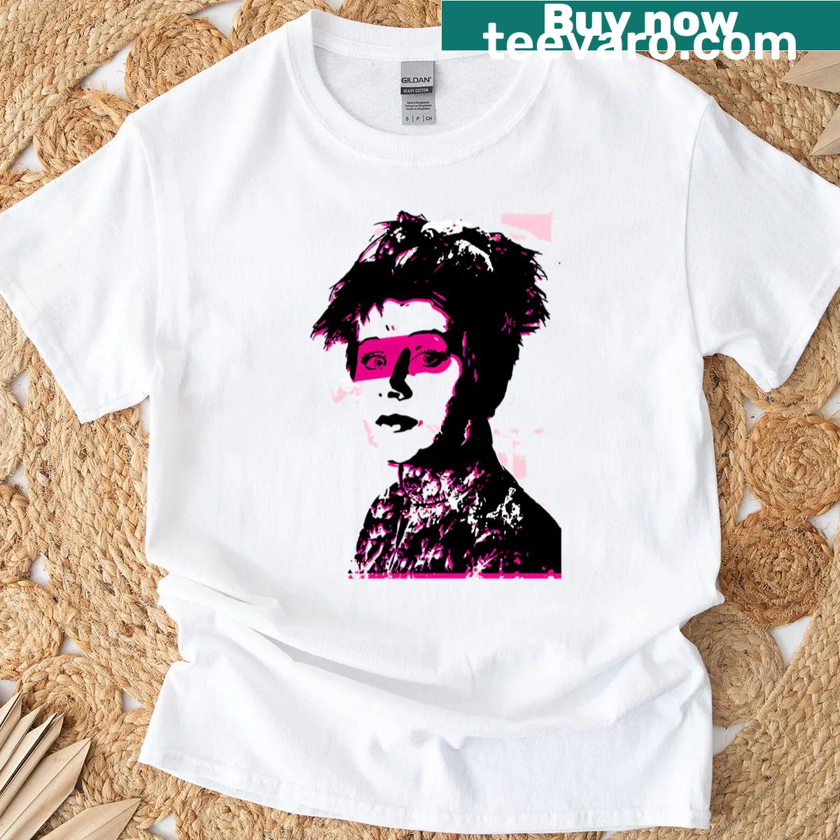 Vintage-style pop rock tour art T-shirt — on a men's t-shirt