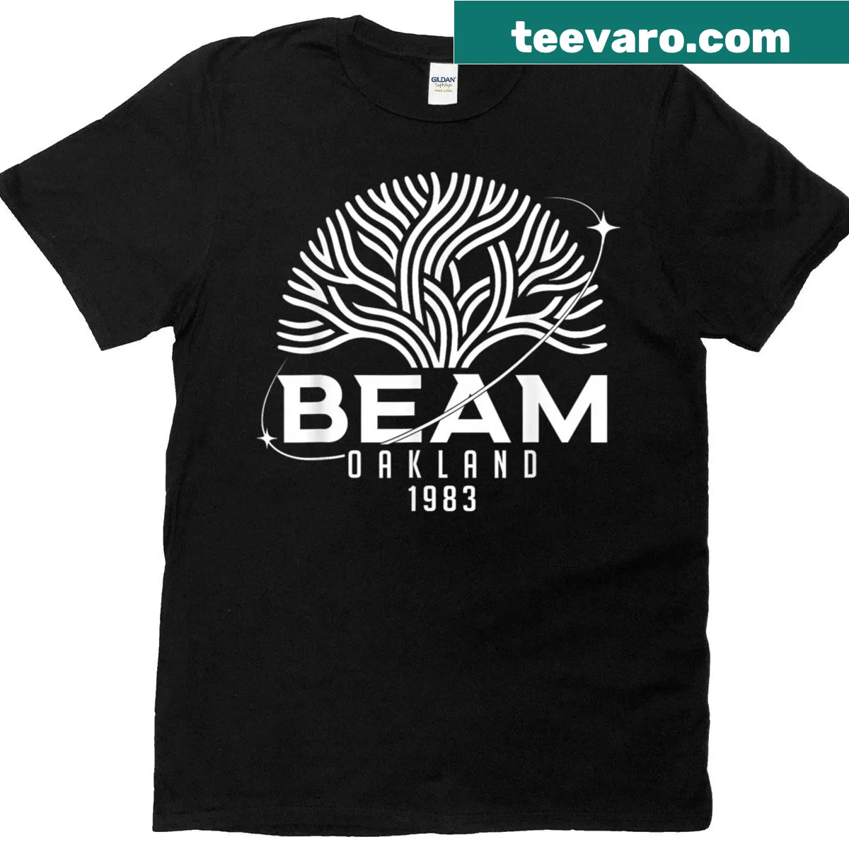 Graphic t-shirt featuring Beam Oakland 1983 design with space elements — on a men's t-shirt