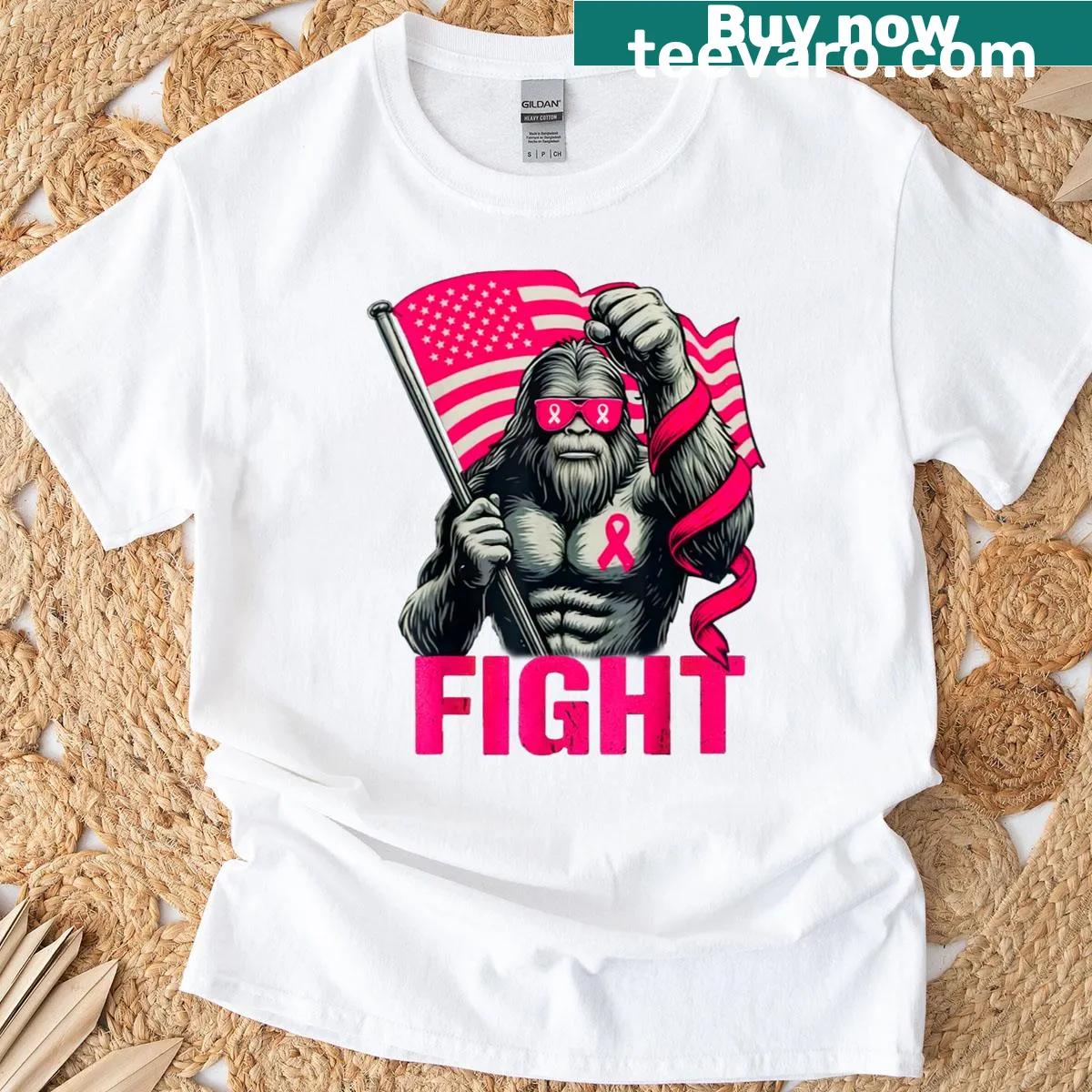 Bigfoot illustration with pink ribbon for breast cancer awareness — on a men's t-shirt
