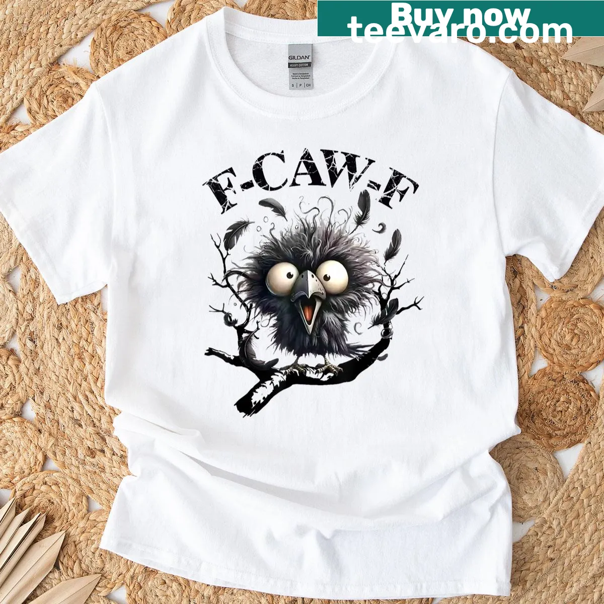Cartoon crow T-shirt with humorous 'F-caw-f' text — on a men's t-shirt
