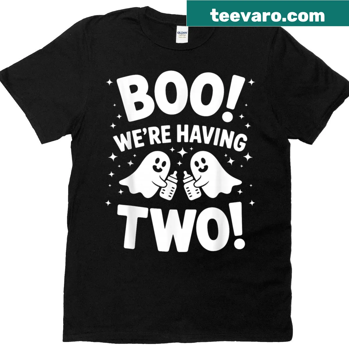 Cartoon ghost twins with text for Halloween reveal — on a men's t-shirt