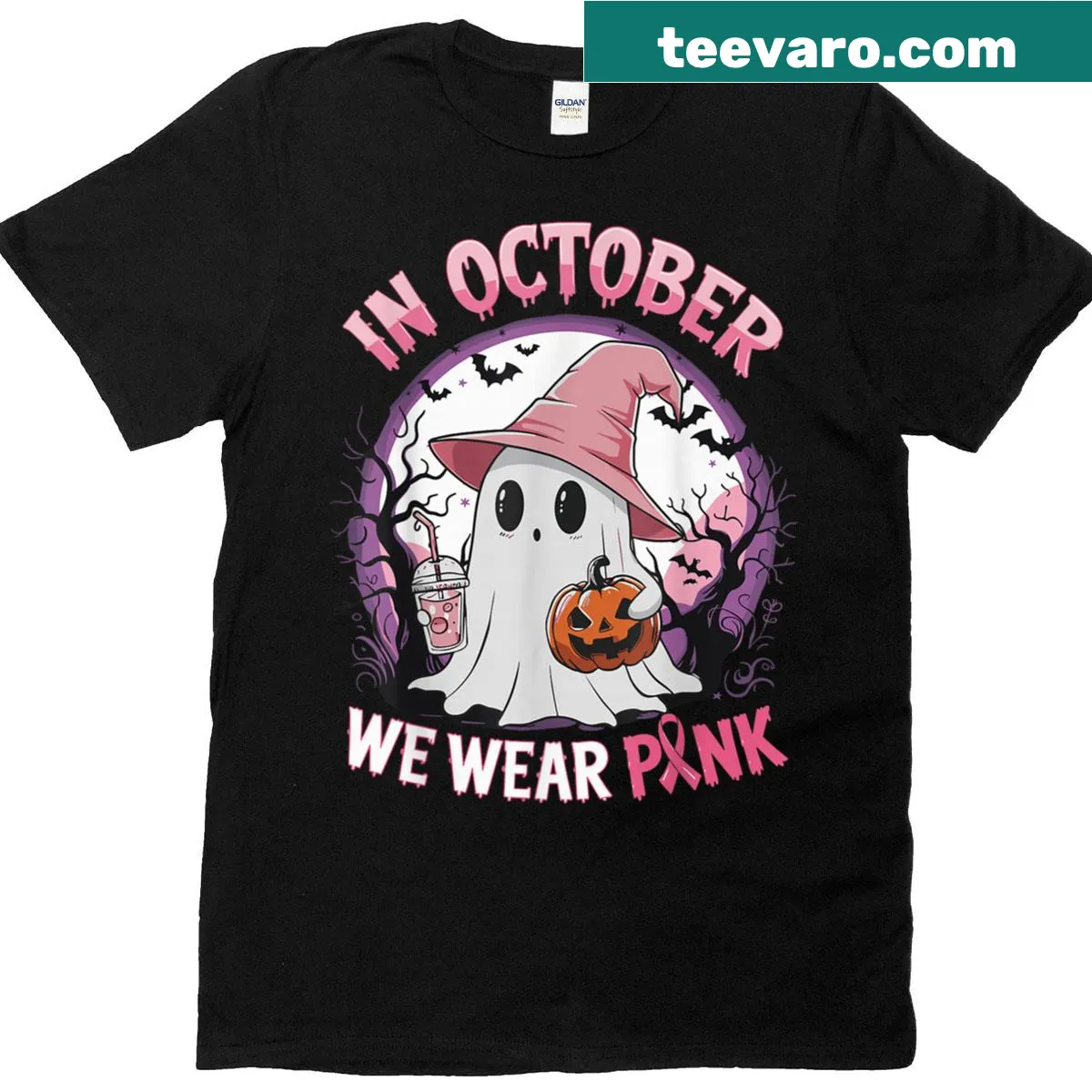 Ghost graphic with pink ribbon for Breast Cancer Awareness — on a men's t-shirt