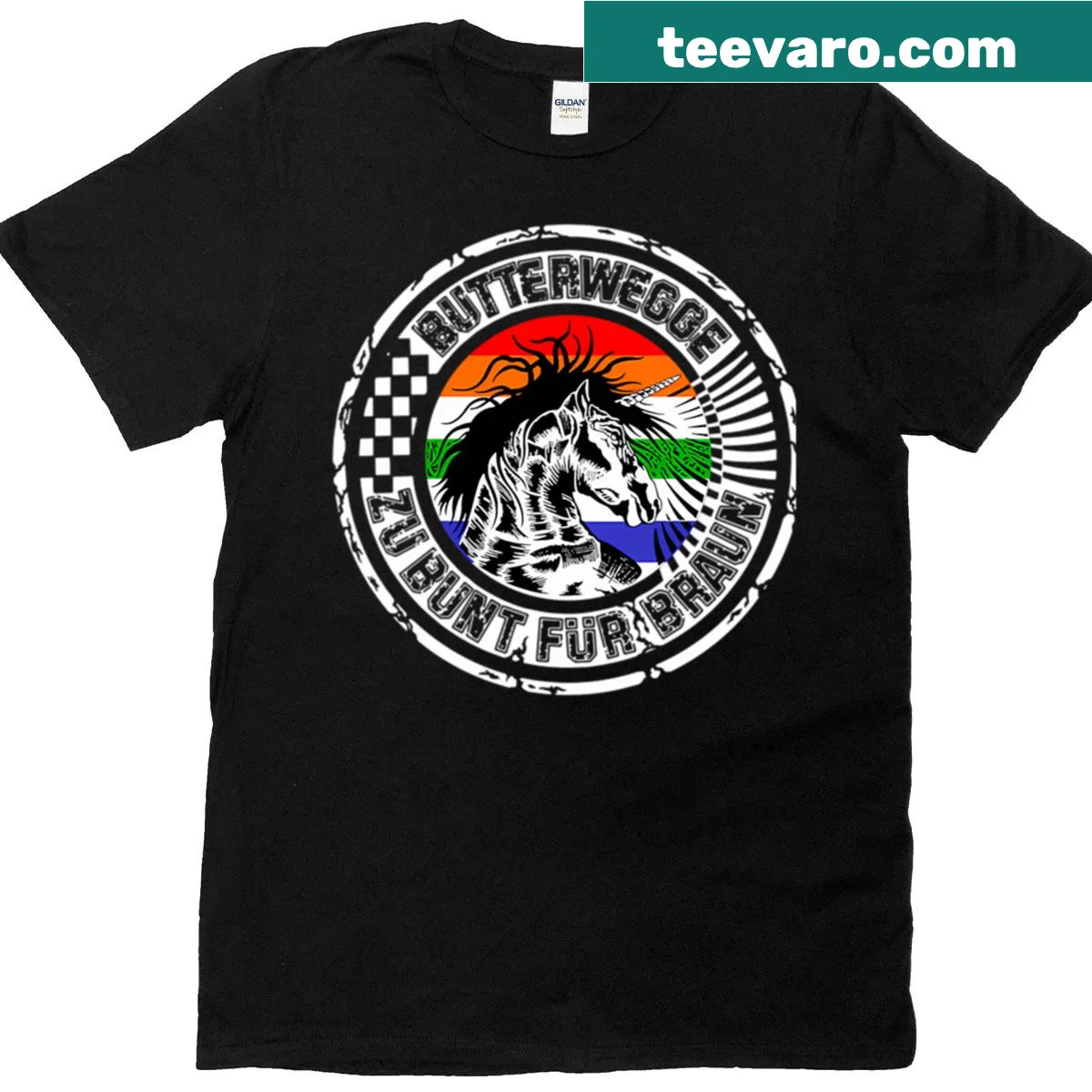 Retro Butterwegge logo T-shirt in a playful design — on a men's t-shirt