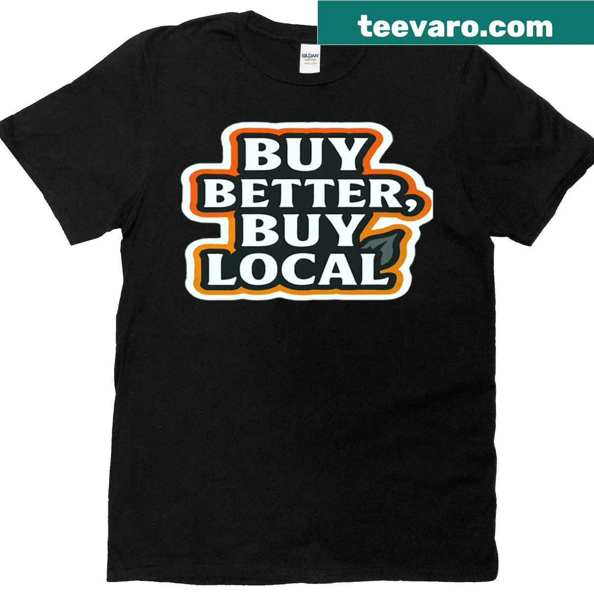 T-shirt with a typography design promoting local shopping and community support. — on a men's t-shirt