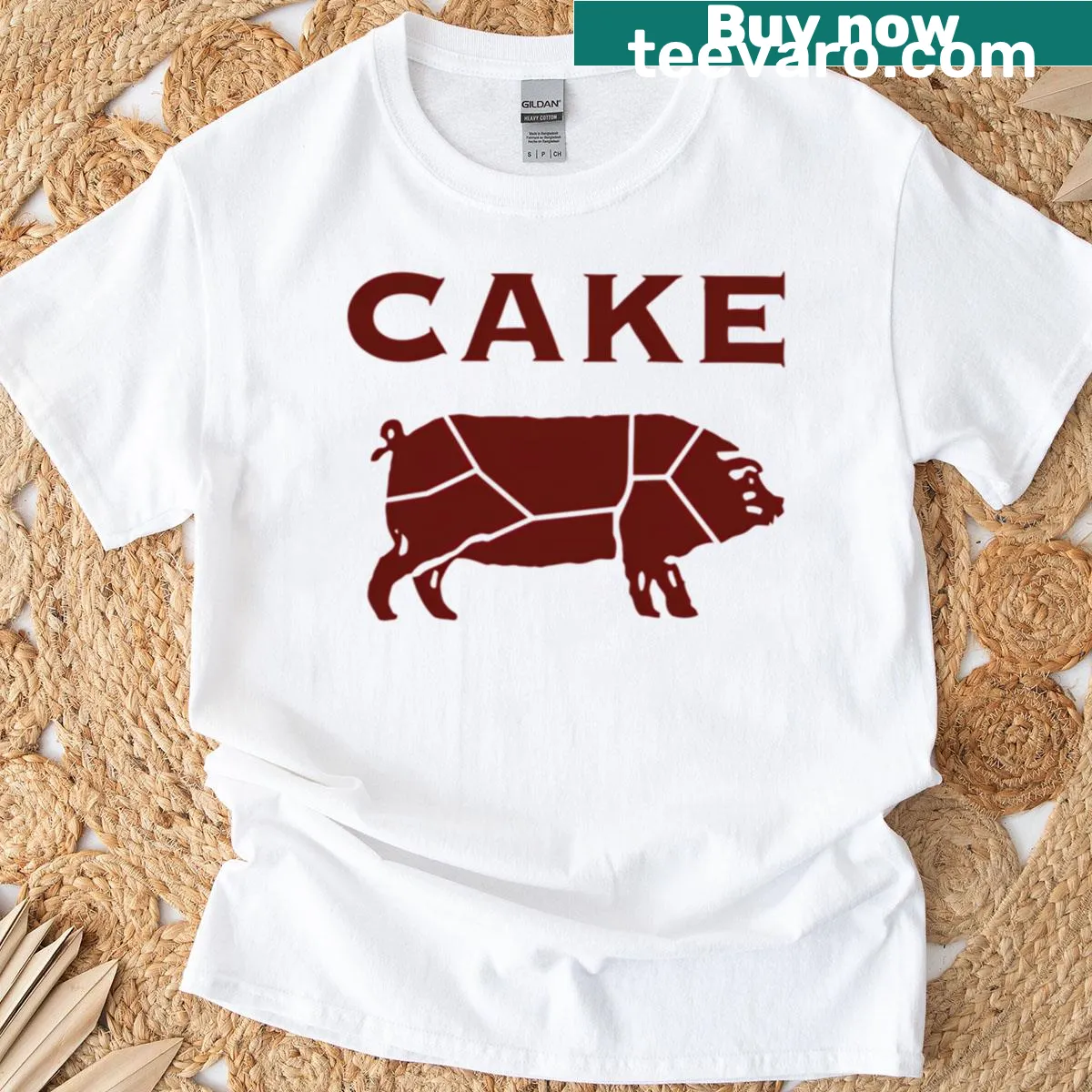 Illustrated T-shirt celebrating the band Cake with playful graphics — on a men's t-shirt