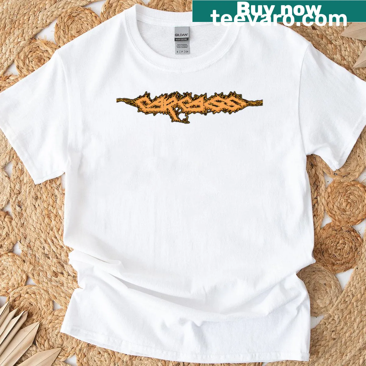 T-shirt featuring bold Carcasss band logo design — on a men's t-shirt