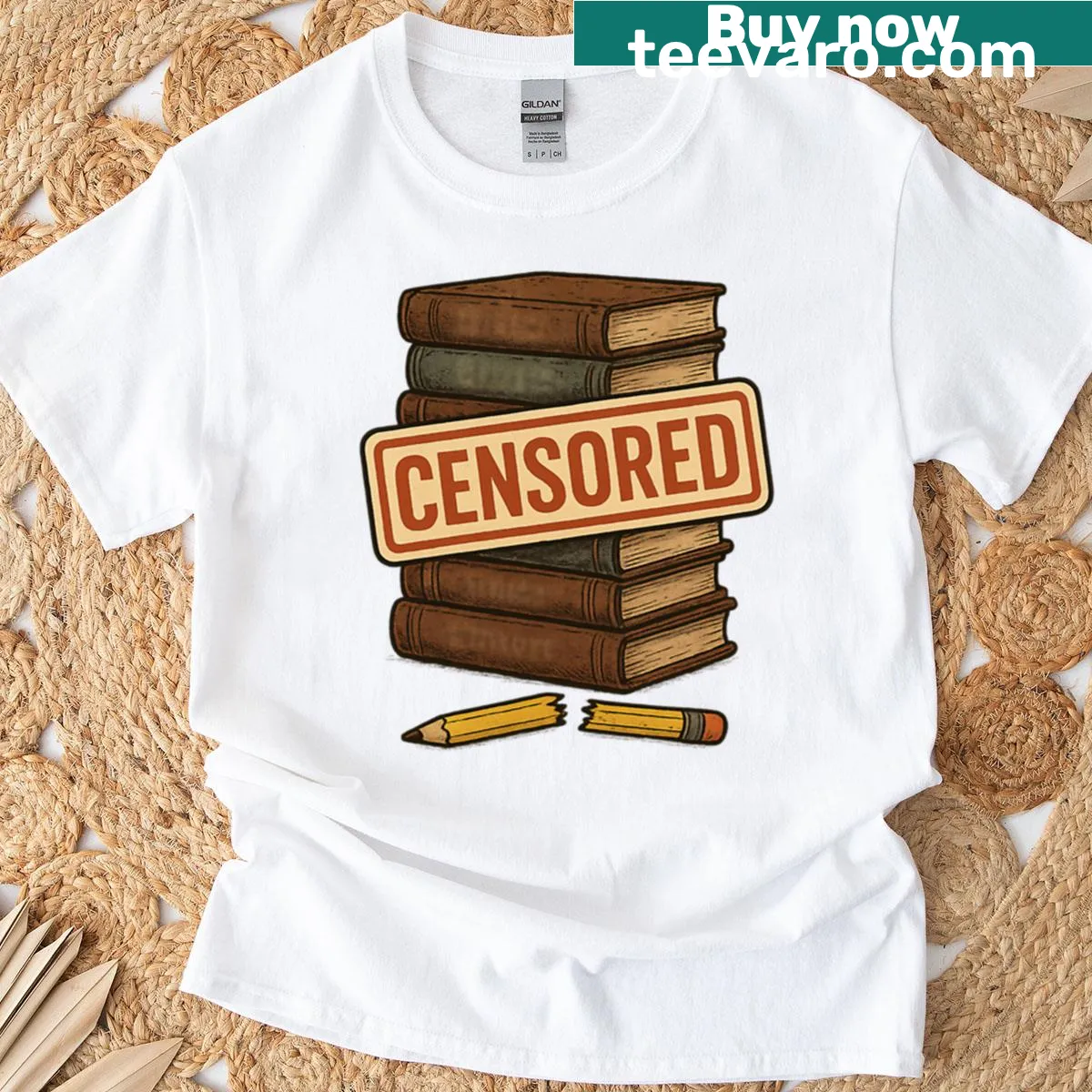 Illustrated banned books design t-shirt advocating free expression — on a men's t-shirt